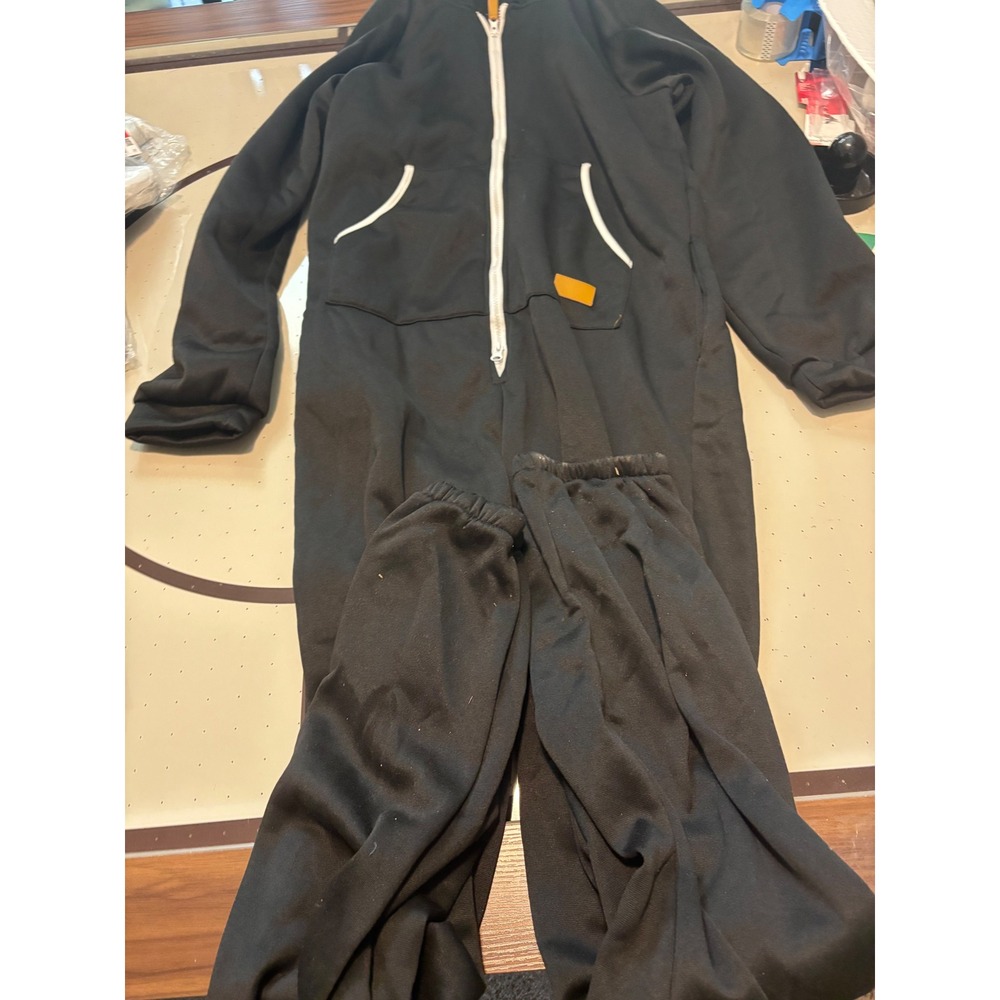 Mens Black Hooded One Piece Jumpsuit Zip Up Loungewear Romper Size L
